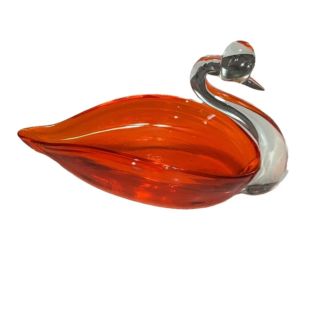 Vintage Mid Century Modern Orange Art Glass Bird Swan Candy Dish Bowl Decor Chip